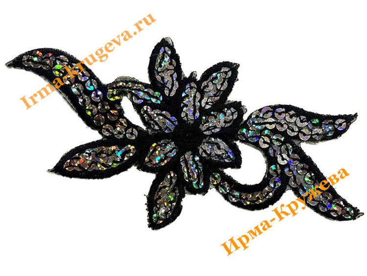 Термоаппликация "Цветок черный" 8х16,5см с голографическими пайетками